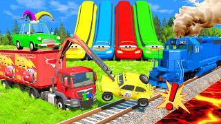Flatbed Trailer Cars Transportation with Truck Rescue - Big & Small Cars vs slide Color - BeamNG