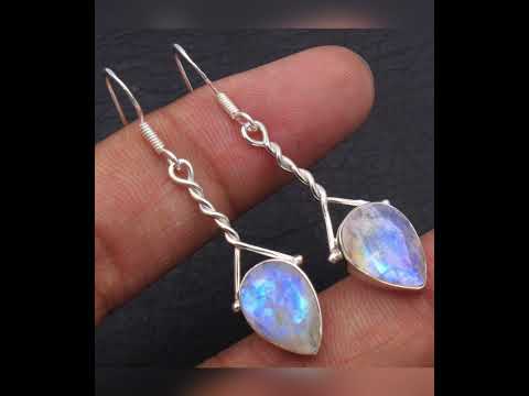 Round natural white opal gemstone dangling sterling silver e...