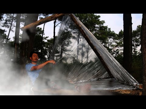 Solo camping heavy rain with plastic wrap, Clay Fireplace, Catch and Cook EP.1