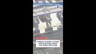 Pursuit suspect stops for gas and takes the pump with him