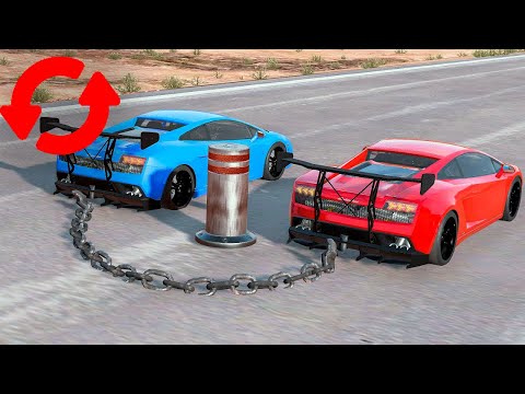 Chained Cars vs Bollards BUT REVERSED – BeamNG Drive