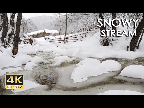 4K HDR Snowy Stream - Winter Forest Scenery & Brook Sounds - Snowfall & Flowing Water - Relax/ Sleep