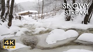 4K HDR Snowy Stream - Winter Forest Scenery &amp; Brook Sounds - Snowfall &amp; Flowing Water - Relax/ Sleep