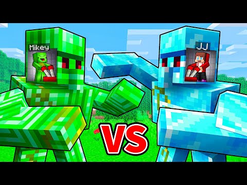 JJ and Mikey: EMERALD vs DIAMOND Golem Survive Battle in Minecraft - Maizen