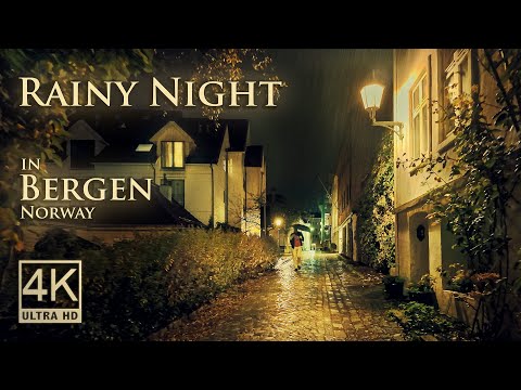 Rainy Night in Bergen | Atmospheric 4K Walking Tour | Binaural Audio for Relaxation