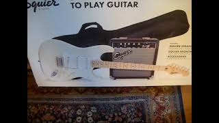 Video thumbnail for Unboxing a Squier Strat pack Stratocaster Olympic White by makemontanamyhome