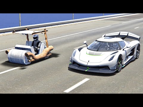 Koenigsegg Jesko vs Flinstone Car Jet Engine - Drag Race 20 KM