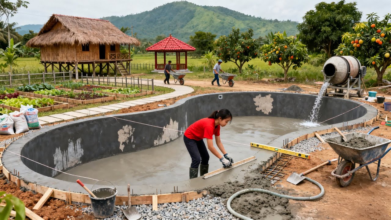 TIMELAPSE | Technique Cement Plastering & Pouring Concrete Swimming Pool Floor Alone (Start-Finish)