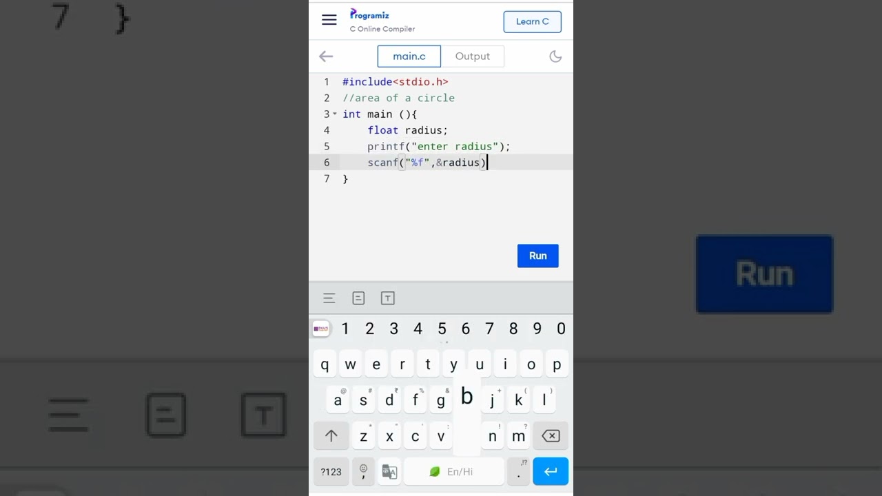 Program to calculate area of a circle in C | #shorts #coding #clanguage