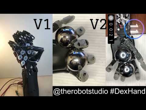 Side-by-side view of the V1.0 and the V2.0 Dexhand (white fingertips)