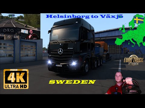 ETS 2 Mercedes Benz Actros transporting an excavator from Helsingborg to Växjö in Sweden. 4K video