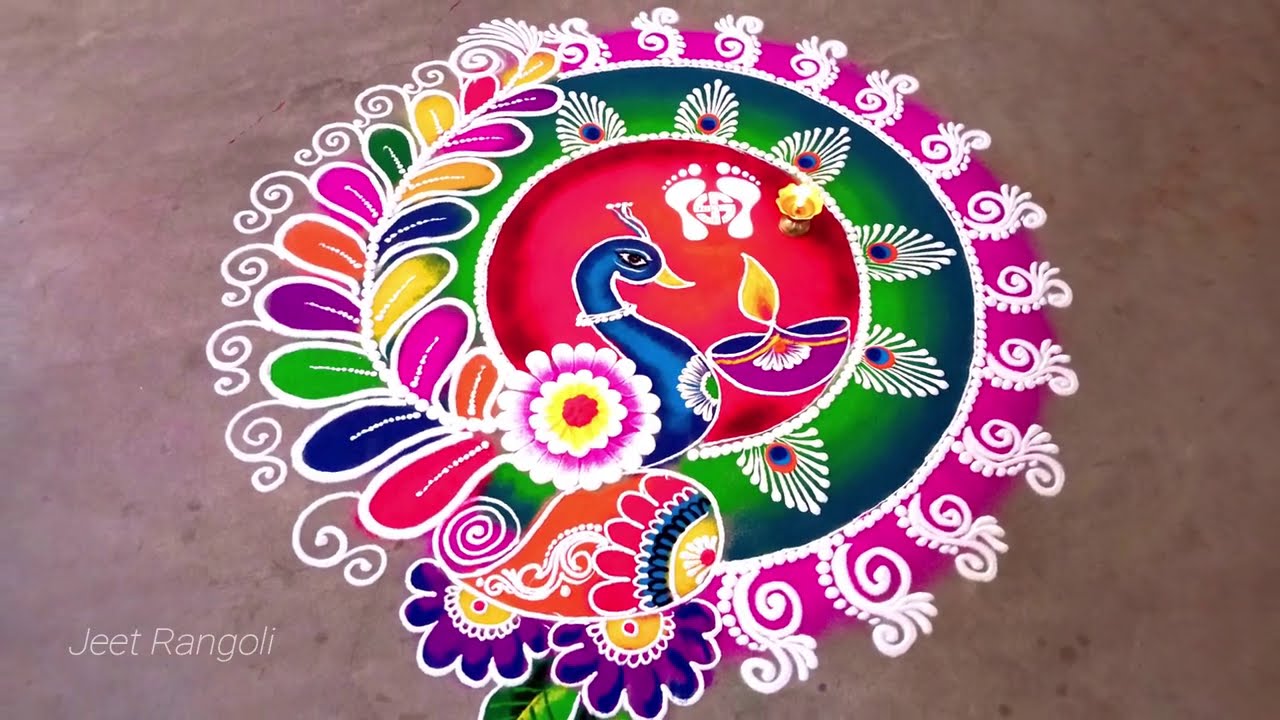 hindu rangoli design for diwali peacock by jeet