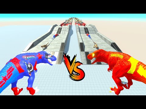CAPTAIN AMERICA T-REX vs SHAZAM T-REX RACE BATTLE COMPETITION - Animal Revolt Battle Simulator ARBS