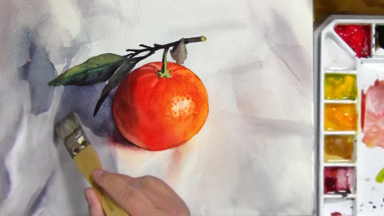 Still Life #54 - Watercolor Painting of a Mandarin Orange with Leaves