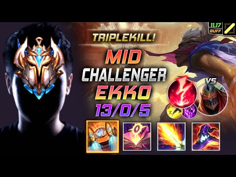 Challenger Ekko MID vs Zed - 챌린저 미드 에코 템트리 룬 벨트 감전 エコー Экко 时间刺客 艾克 - LOL KR 11.17