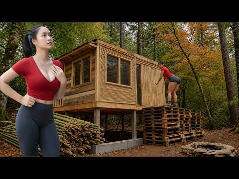 TIMELAPSE - Solo Survival Shelter | Building a SECRET Forest Cabin from Abandoned Pallets & Bamboo