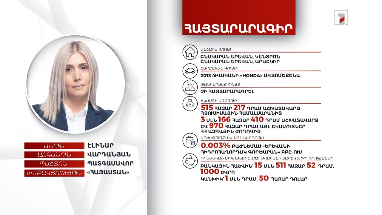 2 անշարժ գույք, 50 հազար դոլար. պատգամավոր Էլինար Վարդանյանի հայտարարագիրը