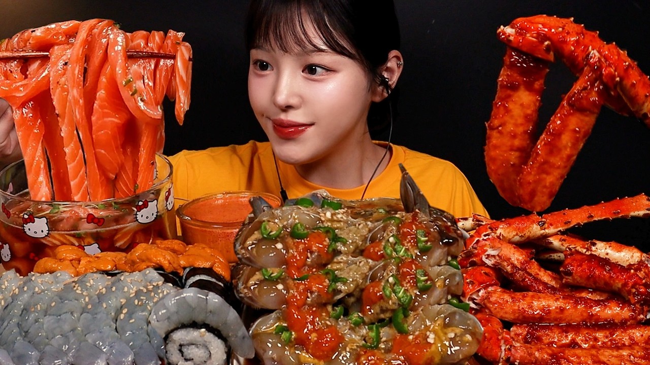 SUB)먹고싶은 거 다 먹는 돼지파티 해산물편!🦀불닭 킹크랩에 간장게장 생새우 먹방🔥소금김밥까지 진짜