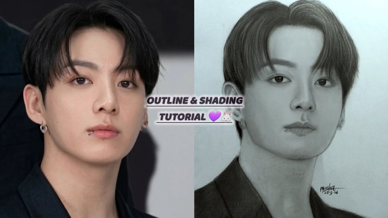 [BTS] Jungkook Drawing outline and shading tutorial step-by-step| How to Draw BTS Jungkook easy