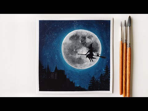 How to Paint a Halloween Witch Flying in the Night Sky with Poster Color