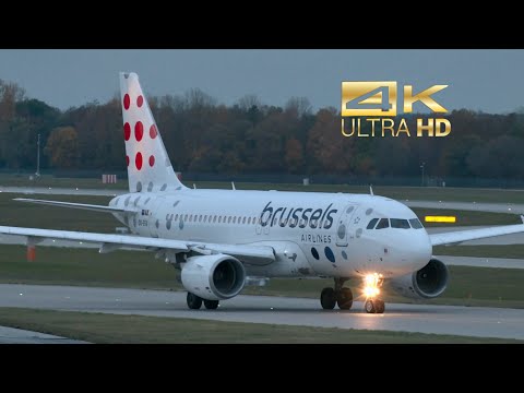 (4K) Airbus A319-111 da partida da Brussels Airlines OO-SSV no aeroporto de Munique MUC EDDM