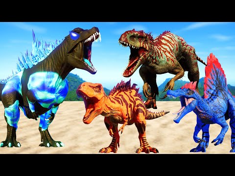 Iced Godzilla vs Max Level 40 T-Rex, I-Rex, Spinosaurus Dinosaurs Fight - Jurassic World Evolution