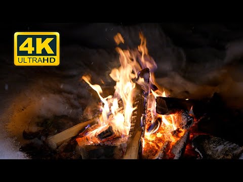 Campfire at Night 4K 🔥 Winter Ambience (12 HOURS). Campfire with Crackling Fire Sounds