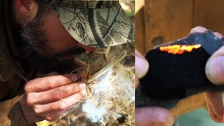 Making A Fire Using Homemade Char Cloth PART 2 - DIY Survival Fire - Primitive Bushcraft Skills