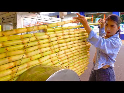 100% Fresh & Sweet! The Process Of Making Sugarcane Juice - Cambodian Street Food