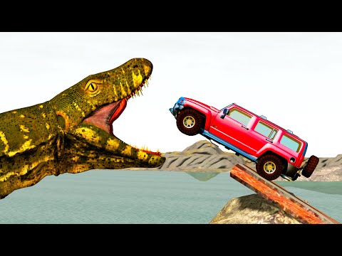 Cars Jumping into the Giant Lizard Mouth - BeamNG.Drive