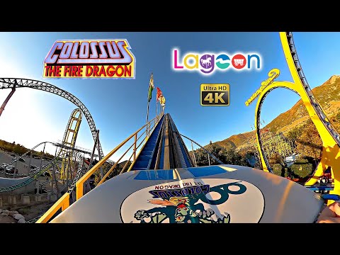 Colossus the Fire Dragon Roller Coaster On Ride Front Seat 4K POV with Queue Lagoon 2023 09 29