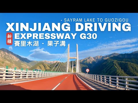 Viagem rodoviária por Xinjiang China - 4K dirigindo na via expressa G30 - Viagem do Lago Sayram a Guozigou