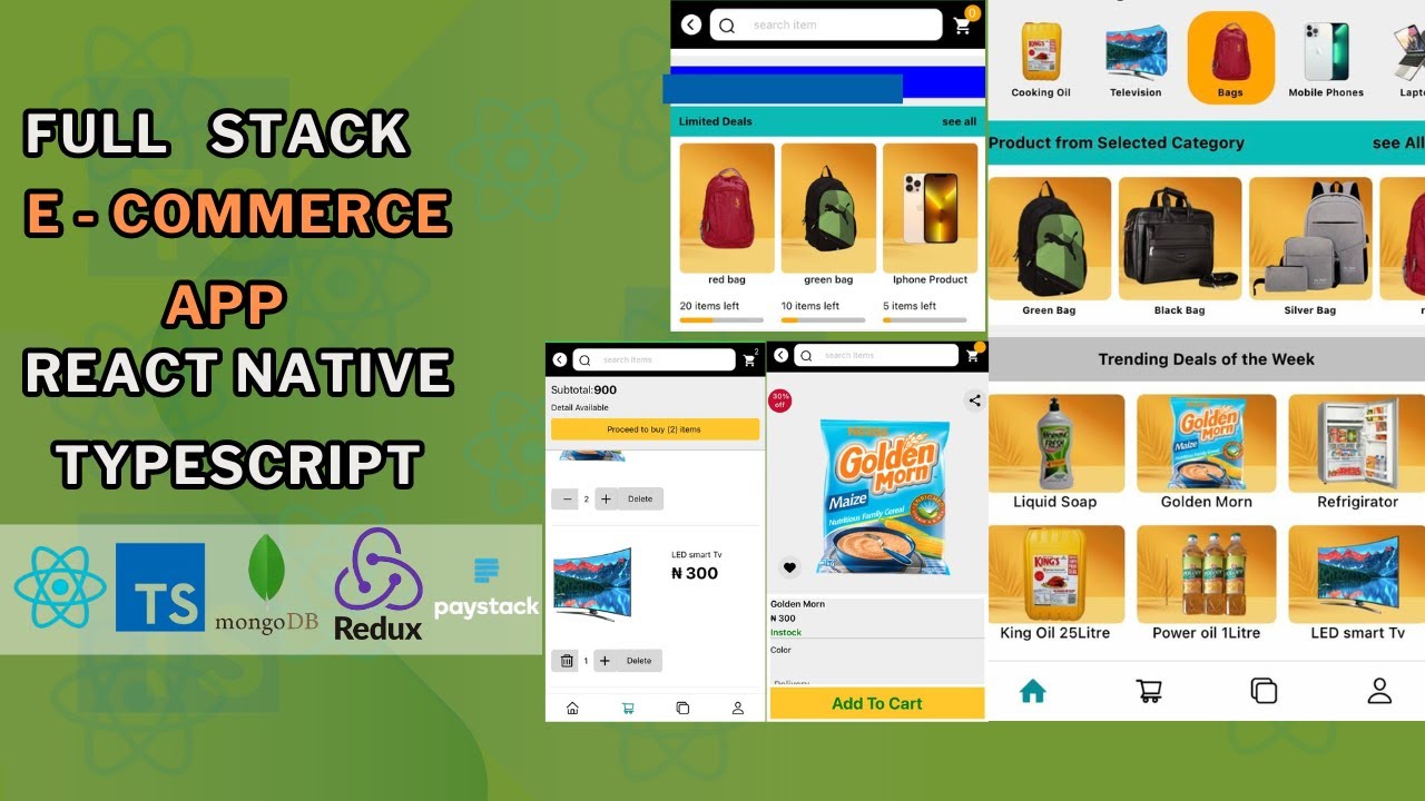 React Native Full Stack Ecommerce  App with Typescript and MONGODB. React Native tutorial