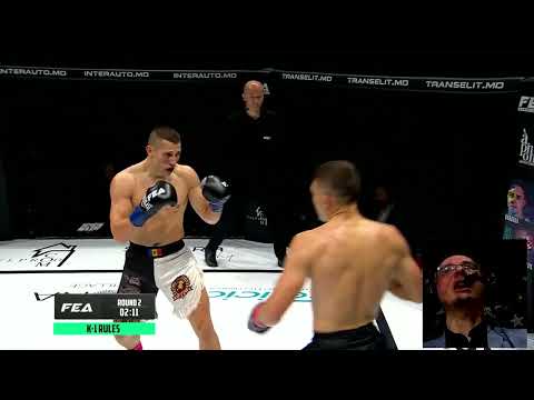 Commentator booth.Daniel Austin reacting to Denis Tapu vs Vitalie Panainte.    Presented by FELICIA