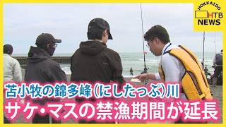苫小牧市の錦多峰（にしたっぷ）川、サケやマスの禁漁期間が伸びたことを市職員がPR