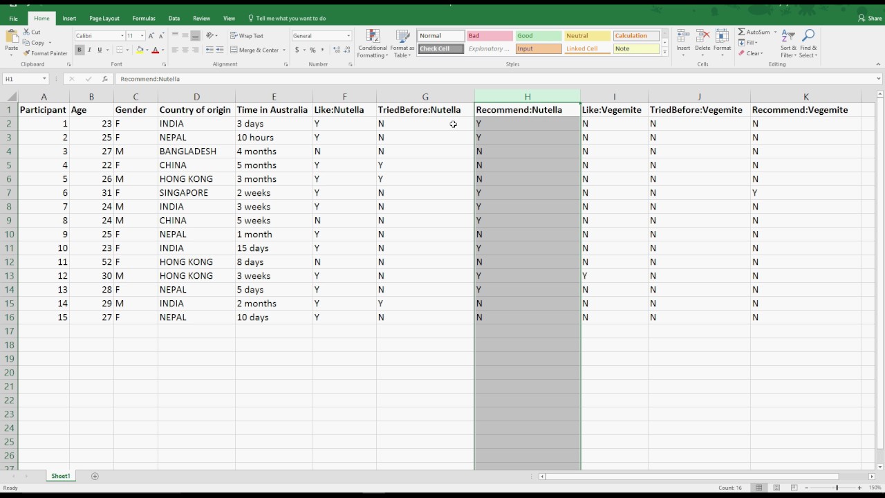 Data collection sheet in Excel