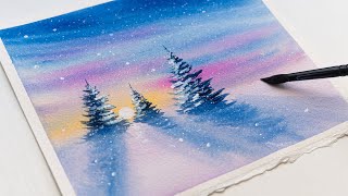 Watercolor Painting for Beginners / Winter Sunset Scenery / Step by Step Tutorial