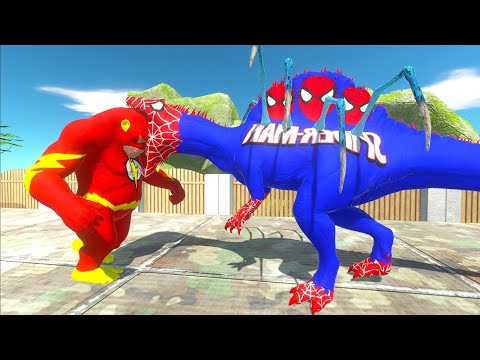 SPIDERMAN SPINOSAURUS VS FLASH GORO & BATMAN T-REX DEATH RUN - Animal Revolt Battle Simulator