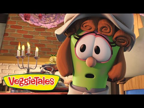 Green VeggieTales character with a hat and surprised expression in a kitchen, VeggieTales logo in the foreground.