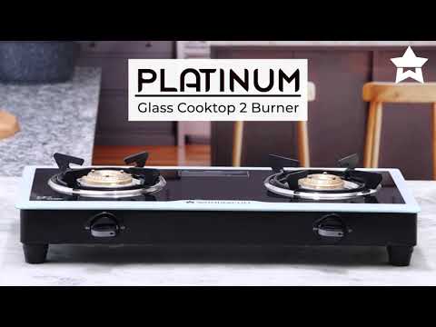 Platinum 2 Burner Glass Cooktop, Black 6mm Toughened Glass with 1 Year Warranty, Ergonomic Knobs, Stainless Steel Drip Tray, Manual Ignition Gas Stove