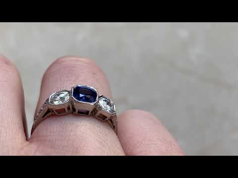 0.95ct Center Cushion-Cut Sapphire and Diamond Platinum Ring - Cannes Ring - Hand Video
