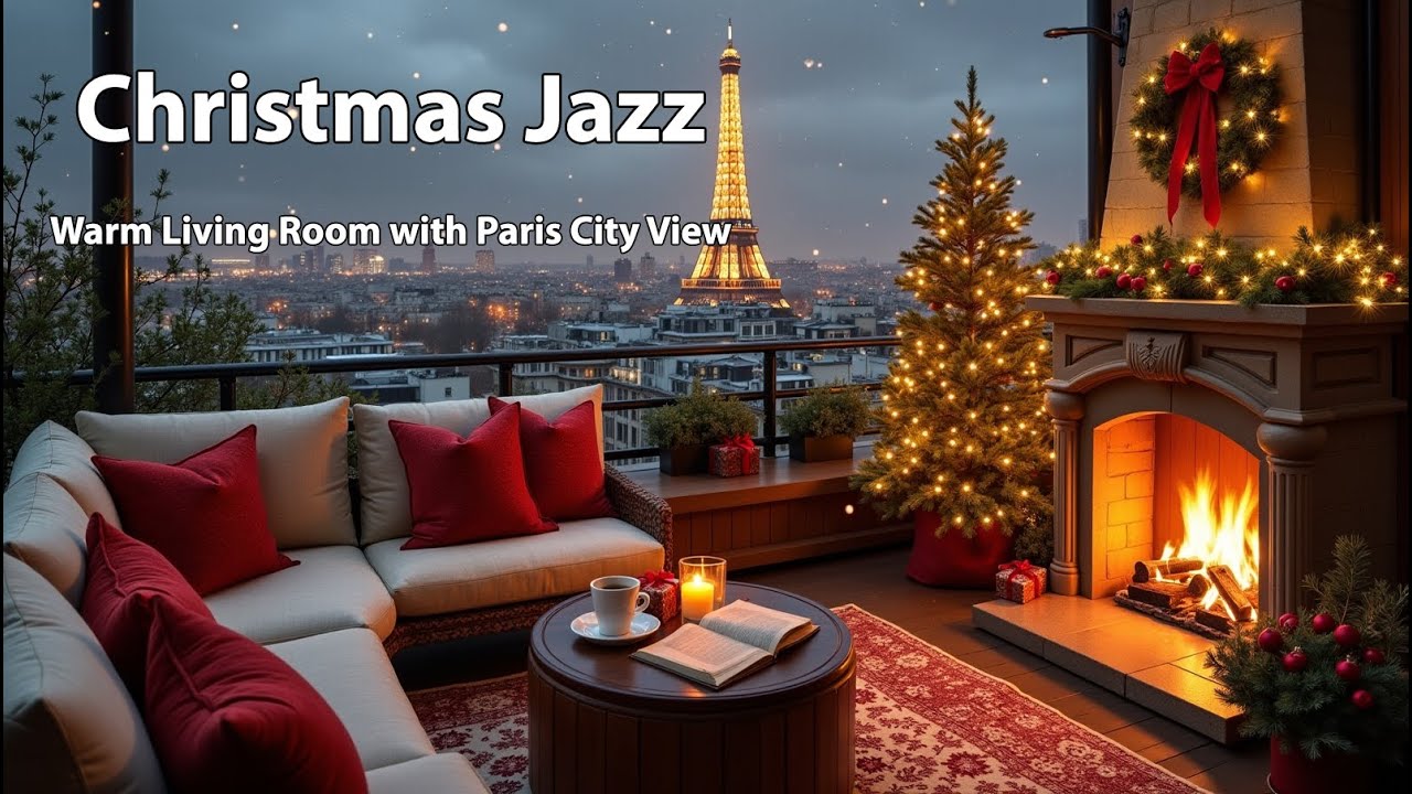 Cozy Christmas Jazz 🎄 | Warm Living Room with Paris City View" 🕯️🎷✨