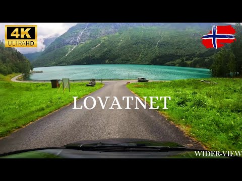 4K Scenic drive around the turquoise lake of Lovatnet, Stryn (Norway)