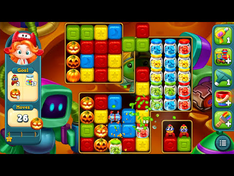 Toy Blast Level 587 obstacles: 2 red guys,19 glass jars, and 16 orange glowing pumpkins