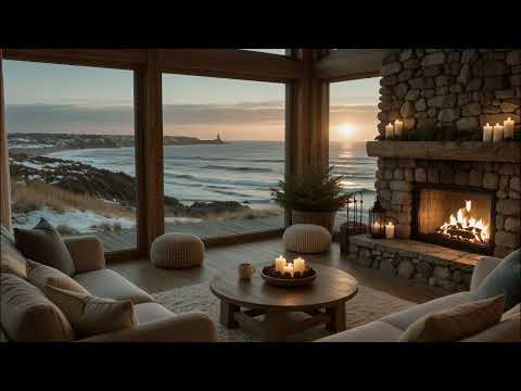 Cozy Ocean Sunset 🔥🌊 | Stone Fireplace and Ocean Waves for Relaxation and Sleep