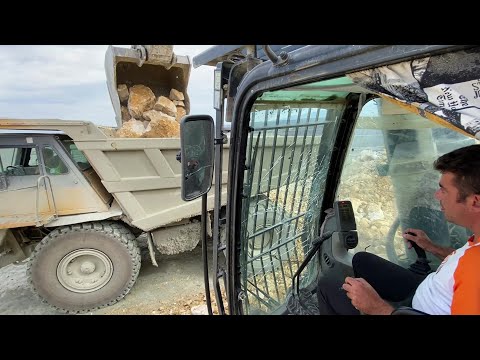 Caterpillar 385C Excavator Loading Caterpillar Dumper & Trucks - Operator View - Pyramis Ate