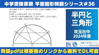 【#中学受験算数  #過去問解説  】#平面図形  特訓36｜半円と三角形【攻玉社中2024年】