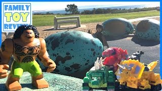 DinoTrux Toys & Lego Moana Maui Giant Surprise Egg - Sand Playtime Dinosaur Caves Park Pismo Beach