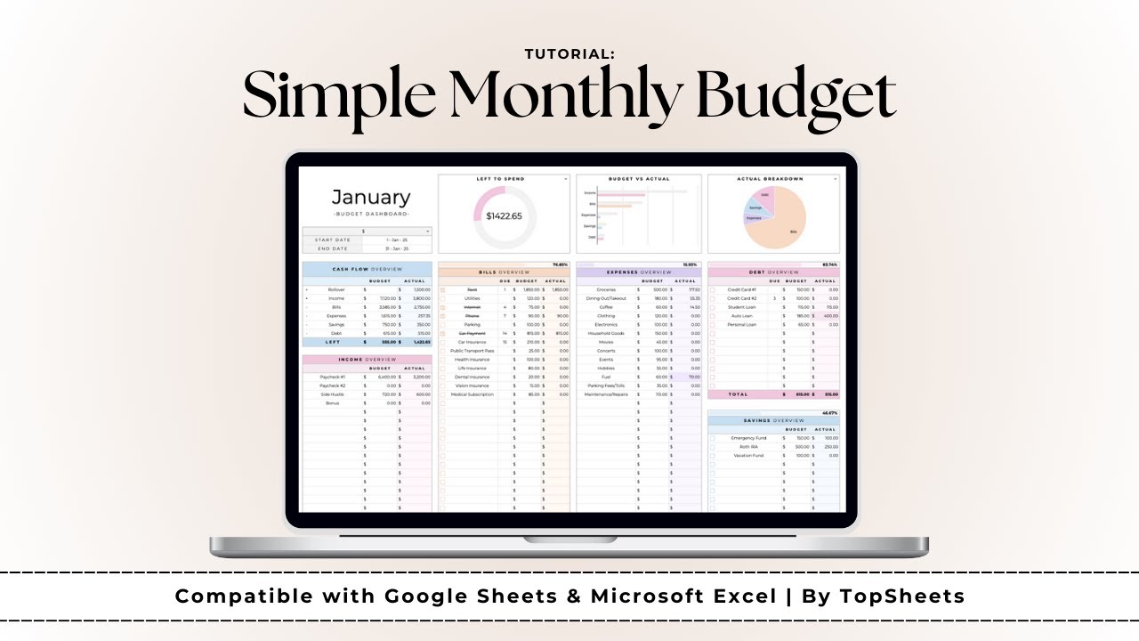 Simple Monthly Budget Spreadsheet - Tutorial for Google Sheets & Microsoft Excel