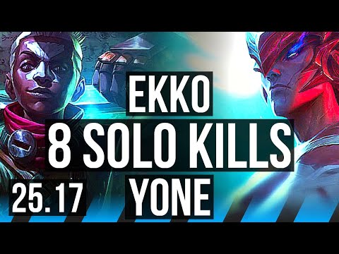 EKKO vs YONE (MID) | 8 solo kills, 1500+ games, Legendary | KR Master | 25.17